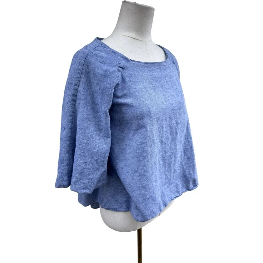 Zara Basic Blue Linen Blend Top XS Flowy Boxy Short Sleeve Minimal Summer Blouse